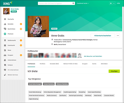 Auf XING dreht sich alles um Ihre Kontakte, Ihre Qualifikationen, Ihre berufliche Erfahrung und um das, was Sie suchen bzw. anbieten.