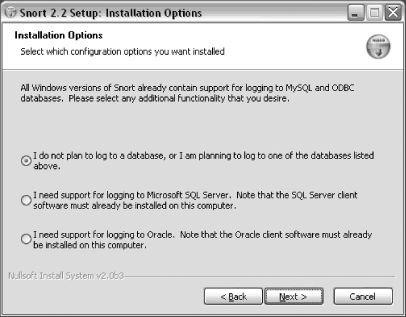 Installation Options window