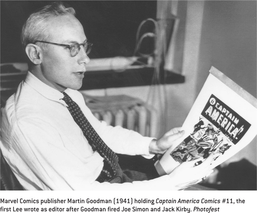 Marvel Comics publisher Martin Goodman (1941) holding Captain America Comics #11, the first Lee wrote as editor after Goodman fired Joe Simon and Jack Kirby. Photofest