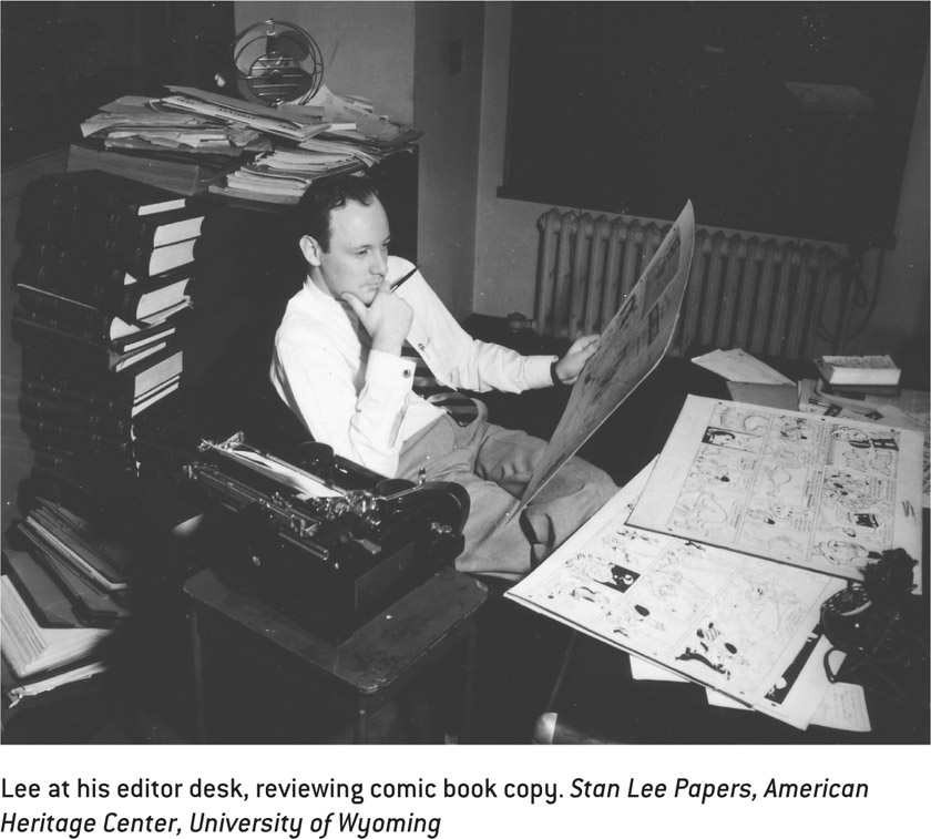 Lee at his editor desk, reviewing comic book copy. Stan Lee Papers, American Heritage Center, University of Wyoming