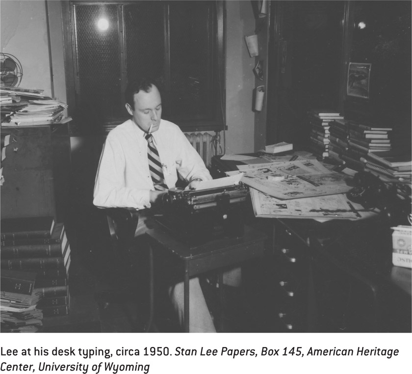 Lee at his desk typing, circa 1950. Stan Lee Papers, Box 145, American Heritage Center, University of Wyoming