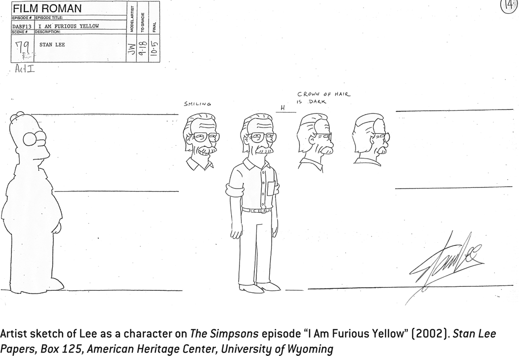 Artist sketch of Lee as a character on The Simpsons episode “I Am Furious Yellow” (2002). Stan Lee Papers, Box 125, American Heritage Center, University of Wyoming