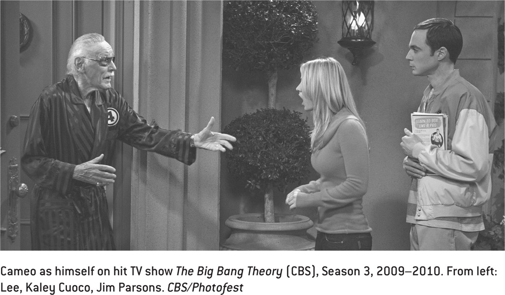 Cameo as himself on hit TV show The Big Bang Theory (CBS), Season 3, 2009–2010. From left: Lee, Kaley Cuoco, Jim Parsons. CBS/Photofest