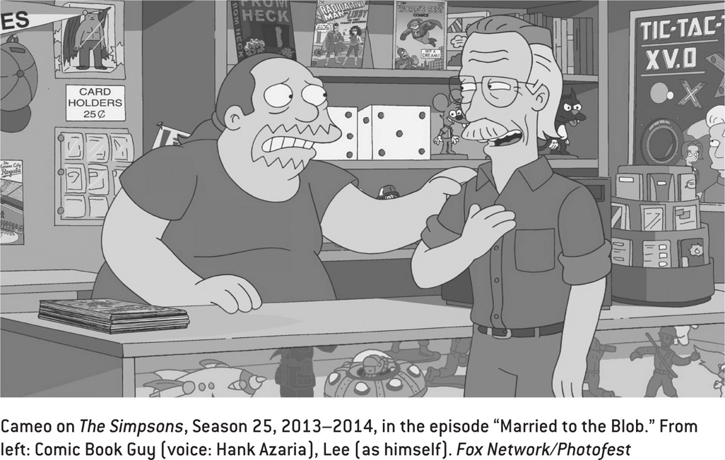 Cameo on The Simpsons, Season 25, 2013–2014, in the episode “Married to the Blob.” From left: Comic Book Guy (voice: Hank Azaria), Lee (as himself). Fox Network/Photofest