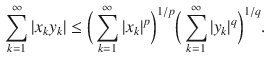 $$\begin{aligned} \sum _{k=1}^\infty |x_ky_k| \le \bigg (\sum _{k=1}^\infty |x_k|^p\bigg )^{1\slash p}\bigg (\sum _{k=1}^\infty |y_k|^q\bigg )^{1\slash q}. \end{aligned}$$