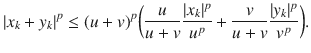 $$ |x_k+y_k|^p \le (u+v)^p\bigg (\genfrac{}{}{0.4pt}{}{u}{u+v}\genfrac{}{}{0.4pt}{}{|x_k|^p}{u^p}+\genfrac{}{}{0.4pt}{}{v}{u+v}\genfrac{}{}{0.4pt}{}{|y_k|^p}{v^p}\bigg ). $$