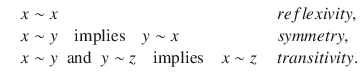 $$\begin{aligned} \begin{array}{llll} &{}x\sim x&{}&{} { reflexivity},\\ &{}x\sim y\quad \text {implies}\quad y\sim x&{}&{} { symmetry},\\ &{}x\sim y\;\;\text {and}\;\; y\sim z\quad \text {implies}\quad x\sim z&{}&{} { transitivity}.\\ \end{array} \end{aligned}$$