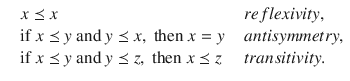 $$\begin{aligned} \begin{array}{llll} &{}x\preceq x&{}&{} { reflexivity},\\ &{}\text {if }x\preceq y\text { and }y\preceq x,\text { then }x=y&{}&{} { antisymmetry},\\ &{}\text {if }x\preceq y\text { and }y\preceq z,\text { then }x\preceq z&{}&{} { transitivity}.\\ \end{array} \end{aligned}$$