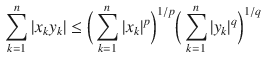 $$\begin{aligned} \sum _{k=1}^n |x_ky_k| \le \bigg (\sum _{k=1}^n |x_k|^p\bigg )^{1\slash p}\bigg (\sum _{k=1}^n |y_k|^q\bigg )^{1\slash q} \end{aligned}$$