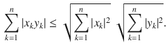 $$\begin{aligned} \sum _{k=1}^n |x_ky_k| \le \sqrt{\sum _{k=1}^n |x_k|^2}\;\sqrt{\sum _{k=1}^n |y_k|^2}. \end{aligned}$$