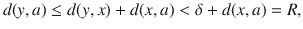 $$ d(y,a)\le d(y,x)+d(x,a)<\delta +d(x, a)=R, $$