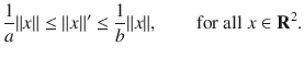 $$ \genfrac{}{}{0.4pt}{}{1}{a}\Vert x\Vert \le \Vert x\Vert '\le \genfrac{}{}{0.4pt}{}{1}{b}\Vert x\Vert ,\qquad \text {for all } x\in \mathbf R^2. $$