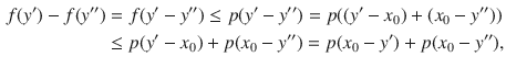 $$\begin{aligned} f(y')-f(y'')&=f(y'-y'')\le p(y'-y'')=p((y'-x_0)+(x_0-y''))\\&\le p(y'-x_0)+p(x_0-y'')=p(x_0-y')+p(x_0-y''), \end{aligned}$$