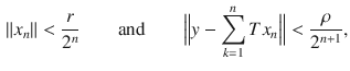 $$\begin{aligned} \Vert x_n\Vert<\genfrac{}{}{0.4pt}{}{r}{2^n}\qquad \text {and}\qquad \Big \Vert y-\sum _{k=1}^n Tx_n\Big \Vert <\genfrac{}{}{0.4pt}{}{\rho }{2^{n+1}}, \end{aligned}$$