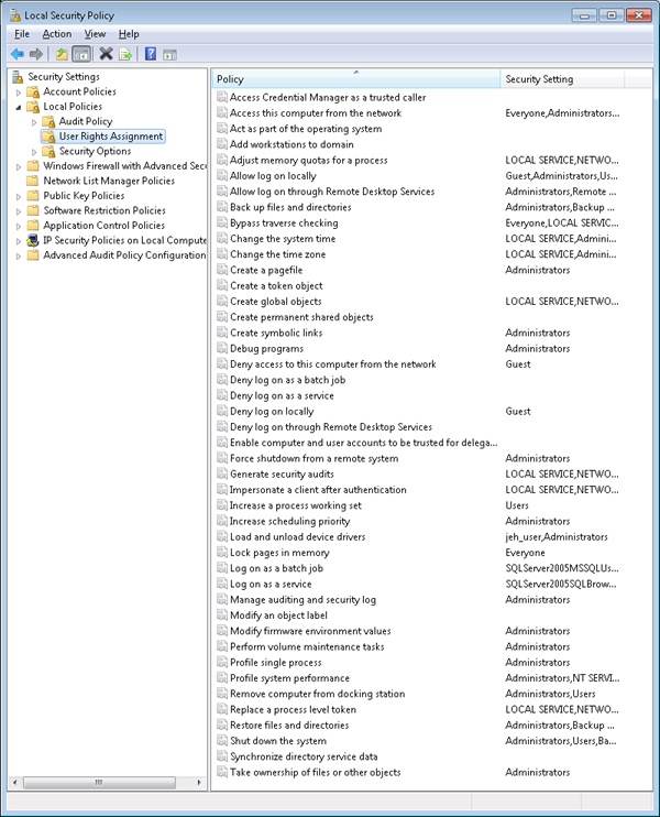 Local Security Policy Editor user rights assignment