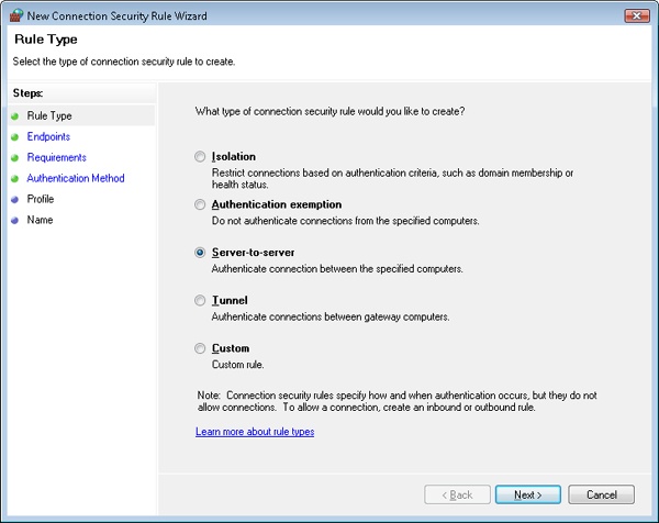 New Connection Security Rule Wizard