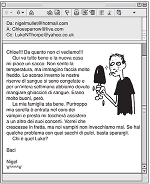 foto di Nigel che mangia un gelato con accanto la sua mail: Chloe!!! Da quanto non ci vediamo!!! Qui va tutto bene e la nuova casa mi piace un sacco. Non sento la temperatura, ma immagino faccia molto freddo. Lo scorso inverno le nostre riserve di sangue si sono congelate e per un’intera settimana abbiamo dovuto mangiare ghiaccioli di sangue. Erano molto buoni, però. La mia famiglia sta bene. Purtroppo mia sorella è entrata nel coro dei vampiri e presto mi toccherà assistere a un altro dei suoi concerti. Vorrei che crescesse in fretta, ma noi vampiri non invecchiamo mai. Se hai qualche problema con quei sacchi di pulci, basta sparargli. Chi è quel Luke? Baci Nigel V^^^^V