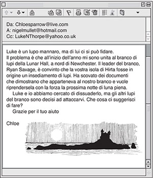 Chloe spiega la situazione in un'altra mail: Luke è un lupo mannaro, ma di lui ci si può fidare. Il problema è che all’inizio dell’anno mi sono unita al branco di lupi della Lunar Hall, a nord di Newchester. Il leader del branco, Ryan Savage, è convinto che la vostra isola di Hirta fosse in origine un insediamento di lupi. Ha scovato dei documenti che dimostrano che apparteneva al nostro branco e vuole riprendersela con la forza la prossima notte di luna piena. Luke e io abbiamo cercato di dissuaderlo, ma gli altri lupi del branco sono decisi ad attaccarvi. Che cosa ci suggerisci di fare? Grazie per il tuo aiuto Chloe. Sotto immagine di un castello su un'isola in mezzo al mare