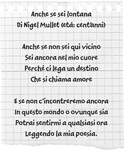 Poesia di Nigel: Anche se sei lontana Di Nigel Mullet (eta`: cent’anni) Anche se non sei qui vicino Sei ancora nel mio cuore Perche` ci lega un destino Che si chiama amore E se non c’incontreremo ancora In questo mondo o ovunque sia Potrai sentirmi a qualsiasi ora Leggendo la mia poesia.