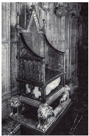 The Coronation Chair with the Stone of Scone under the seat. Almost all the monarchs of England since Edward II in 1308 have been crowned sitting in the chair.