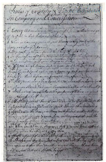 The first page of the “Rules of Civility & Decent Behavior In Company and Conversation” in Washington's hand. The printing is faded but still legible.