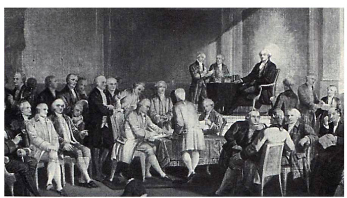 In this illustration of the 1787 Constitutional Convention, presiding officer George Washington is seated on the platform on what became known as the Rising Sun Chair.