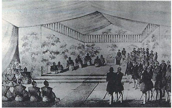 Commodore Perry and his crew deliver President Millard Fillmore's letter addressed to the emperor of Japan requesting that Japan and America develop friendly relations and commence commercial trade with one another. The Japanese erected a special building for the formal reception of the letter.