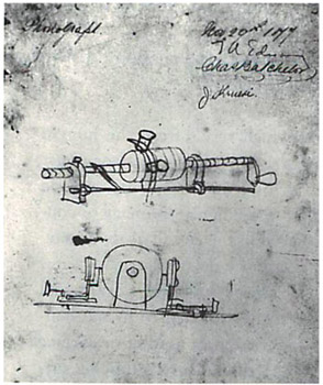 Thomas Edison's sketch, dated November 29, 1877, for his original tinfoil phonograph, Edison had his associates, Charles Batchelor and John Kruesi, sign the sketch for patent protection.