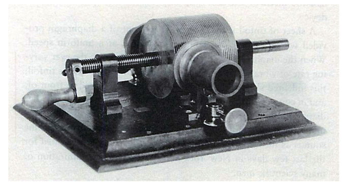 Using Thomas Edison's drawing as a blueprint, John Kruesi constructed the first workable tinfoil phonograph, pictured above.