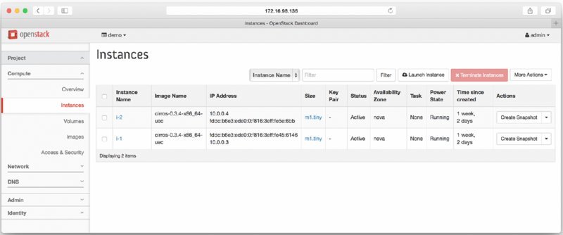 Instances- OpenStack Dashboard window displays Project, Compute, Network, DNS, Admin, Identity on left. Right- Instance name, Terminate instances options. Multiple columns below display information for two items- i-2, i-1.
