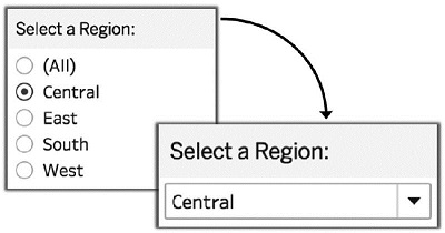 Diagram shows two windows with arrow pointing from one to other. One window has radio buttons and other has drop down menu. 