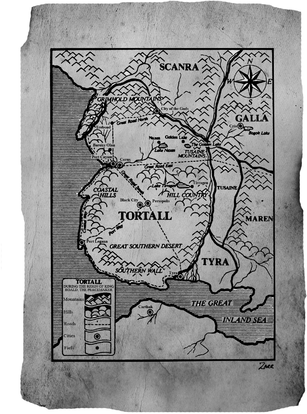 Start of image description,  A map drawn on parchment paper of Tortall during the reign of King Roald, the Peacemaker. Tortall is in the centre, with Scanra to the north, Galla to the northeast, Tusaine, Maren and Tyra to the east and The Great Inland Sea to the south., end of image description