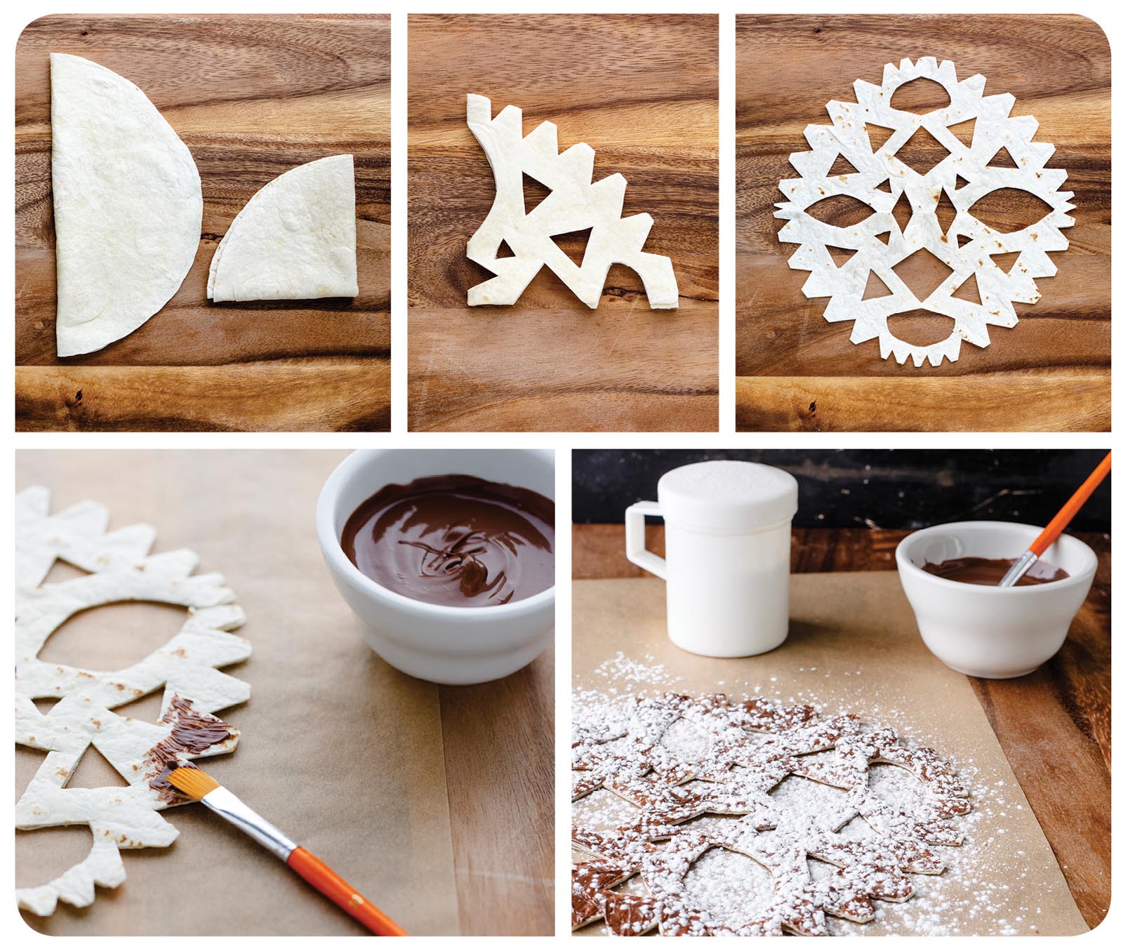 Photos of cutting and topping the tortillas.