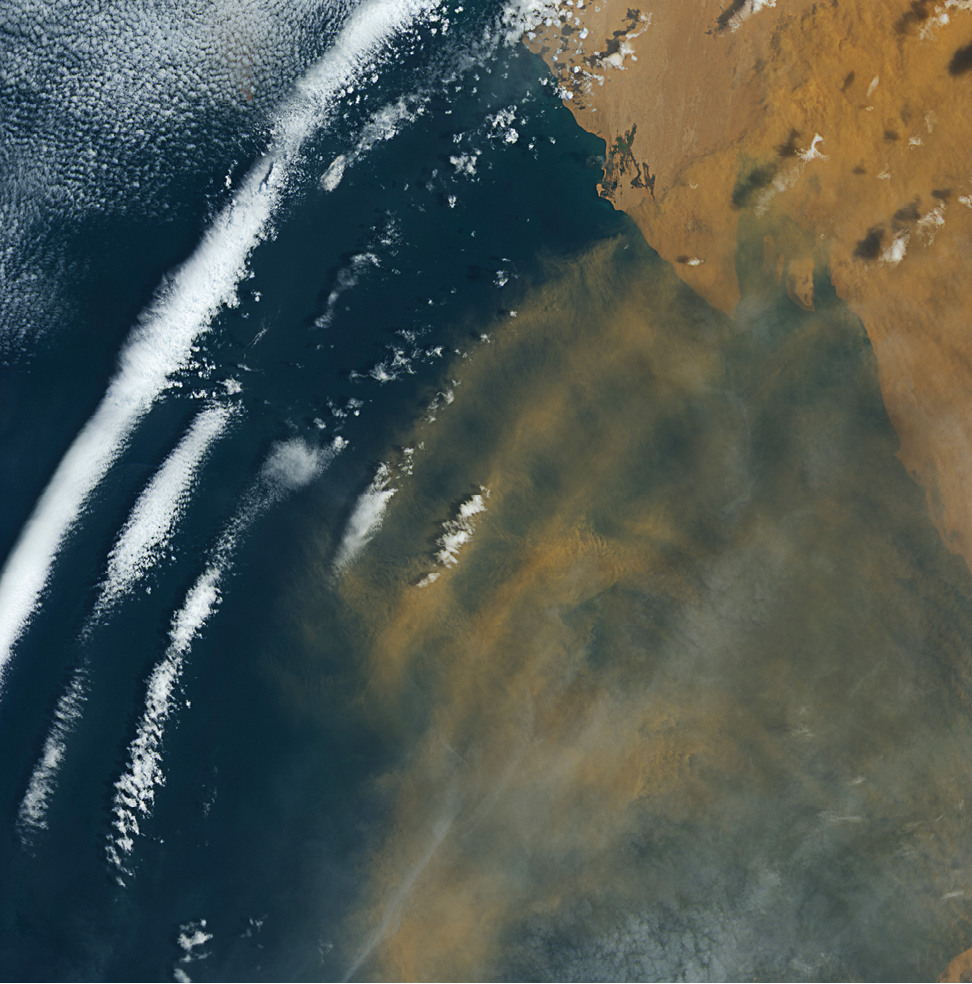 You cannot see it directly, but air masses from Africa and the Atlantic Ocean are colliding in this Landsat 8 image from August 2016. The collision off the coast of Mauritania produces a wave structure in the atmosphere.  Called an undular bore or solitary wave, this cloud formation was created by the interaction between cool, dry air coming off the continent and running into warm, moist air over the ocean. The winds blowing out from the land push a wave of air ahead like a  bow wave moving ahead of a boat.  Parts of these waves are favorable for cloud formation, while other parts are not. The dust blowing out from Africa appears to be riding these waves. Dust has been known to affect cloud growth, but it probably has little to do with the cloud pattern observed here.