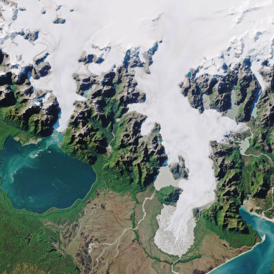  In April 2017, Landsat 8 captured this rare cloud-free view of a portion of the North Patagonian icefield.  Ice creeps downslope through mountain valleys and exits through so-called “outlet glaciers.” Many come to an abrupt end on land, while others terminate in water. The San Rafael and San Quintín glaciers (shown at the right) are the icefield’s largest. Both have been receding rapidly in the past 30 years.