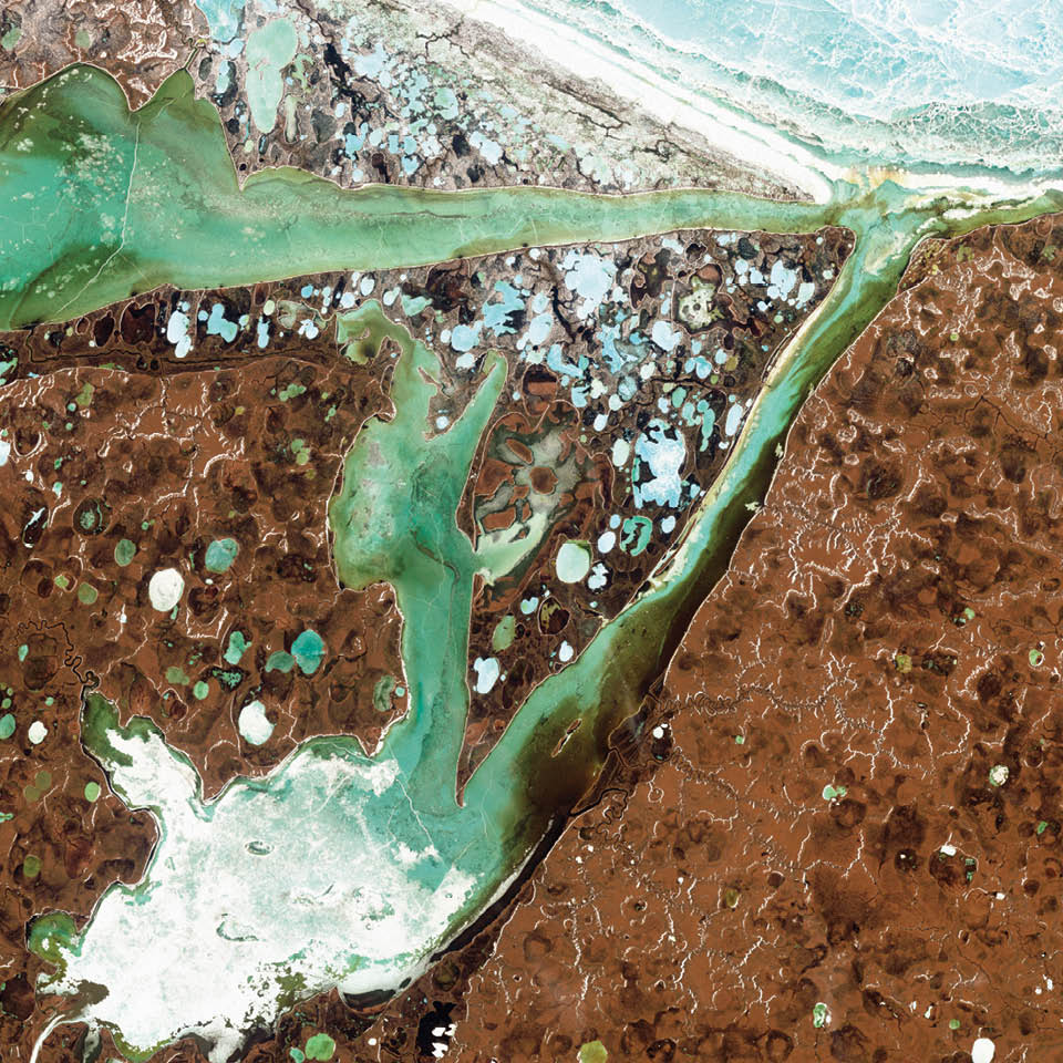 Along the northern Siberian coast, near Omulyakhskaya and Khromskaya Bays, the landscape is dotted with lakes. Known as thermokarst lakes, these pools are made from the thawing of frozen soil, or permafrost, and the accumulation of that melt water in low spots in the terrain.  Dark brown spots in the image are probably locations of former thermokarst lakes.