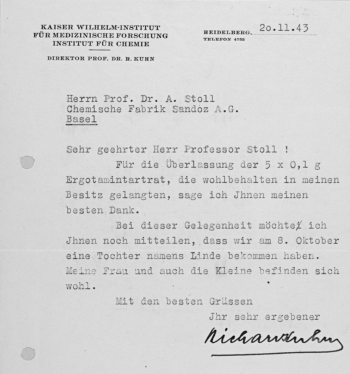 Telegramm von Hitlers Biochemiker Kuhn an Sandoz, in welchem Kuhn dem Fabrikanten für das gelieferte Ergotamin dankt und außerdem die Geburt seiner Tochter verkündet.