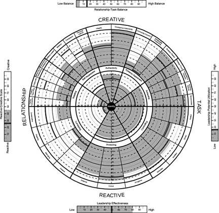 Diagram shows set of circles are drawn with markings for identity in center, creative on top, task on right, reactive on bottom, and relationship on left with four scales on all four corners.