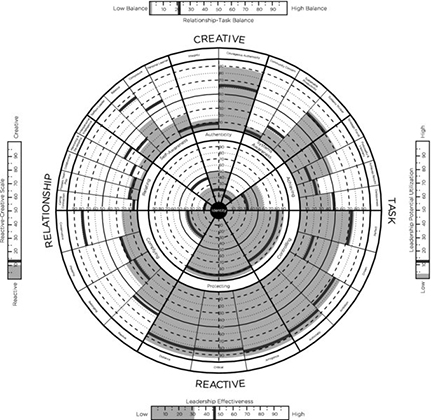 Diagram shows set of circles are drawn with markings for identity in center, creative on top, task on right, reactive on bottom, and relationship on left with four scales on all four corners.