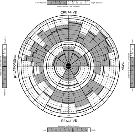 Diagram shows set of circles are drawn with markings for identity in center, creative on top, task on right, reactive on bottom, and relationship on left with four scales on all four corners.