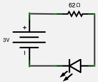 Circuit diagram with 3V battery, LED, and 62Ω resistor