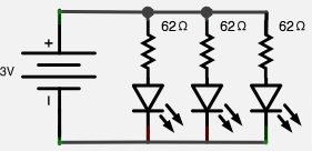 Three LEDs in parallel with resistors