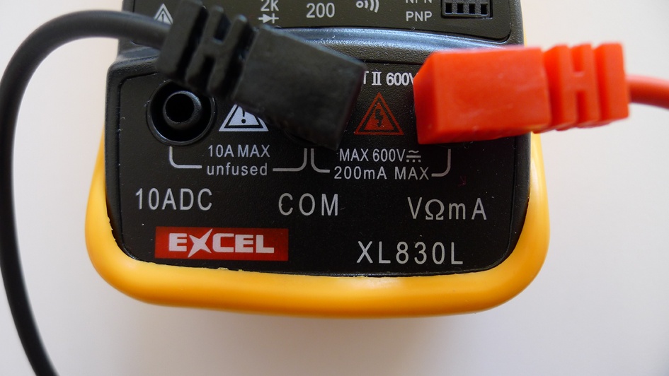 The connection for the probes; on this meter, you will need to move the red probe to the left if you are measuring current higher than 200mA