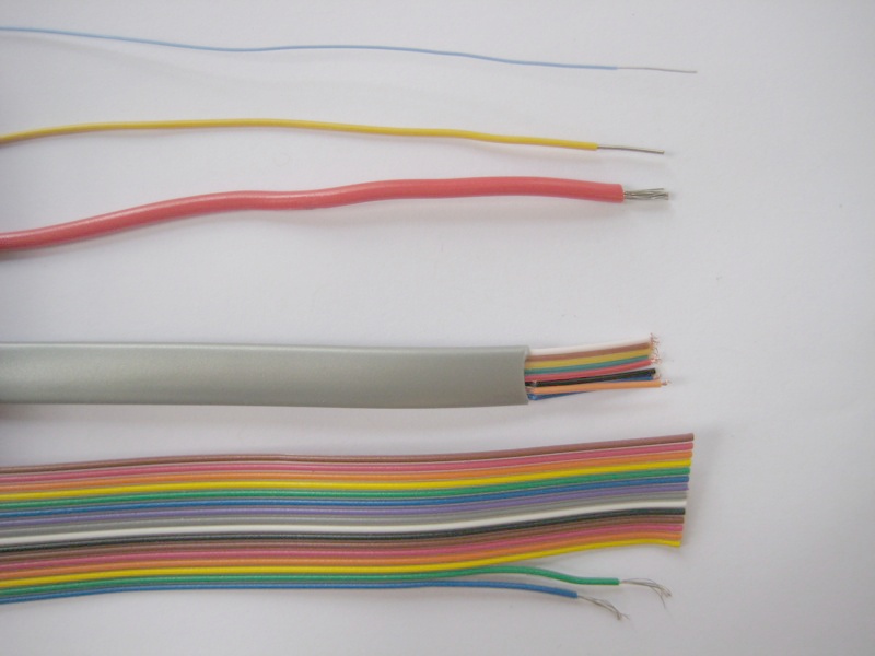 Types of wire (top to bottom): wrapping, solid core, stranded, telephone cable, and ribbon cable