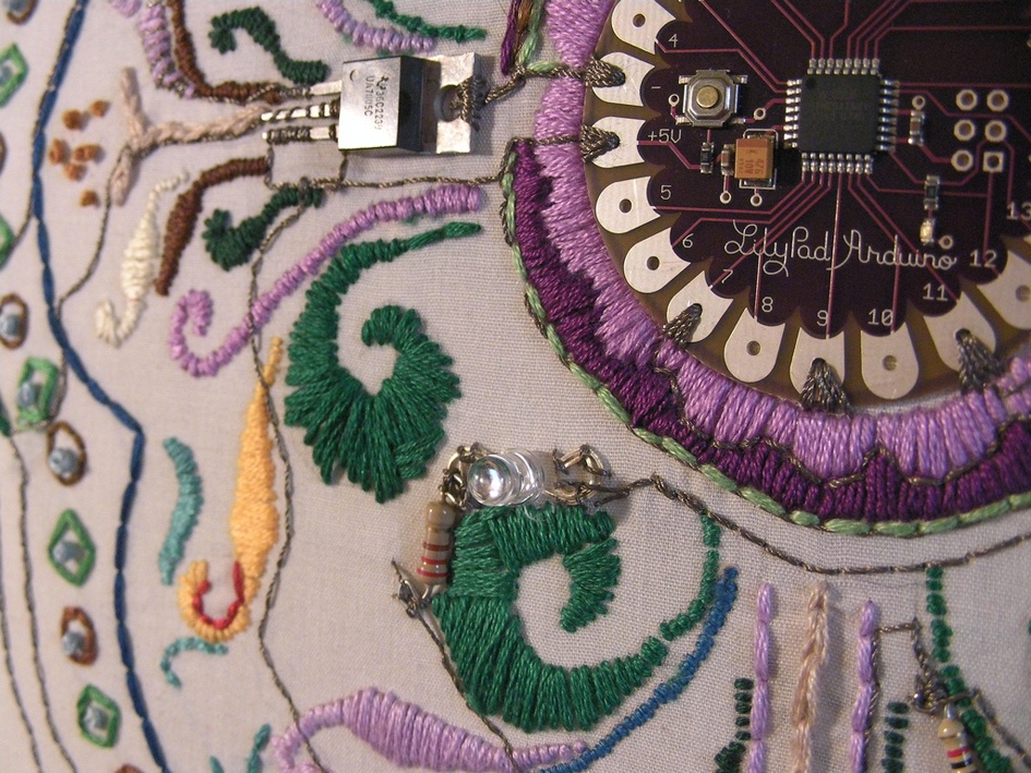 Becky Stern’s “A Tribute to Leah Buechley” is an embroidery using conductive and nonconductive thread