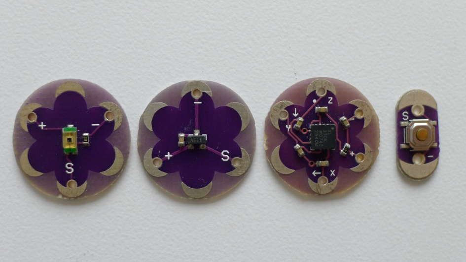 LilyPad Light Sensor, Temperature Sensor, Accelerometer, Button