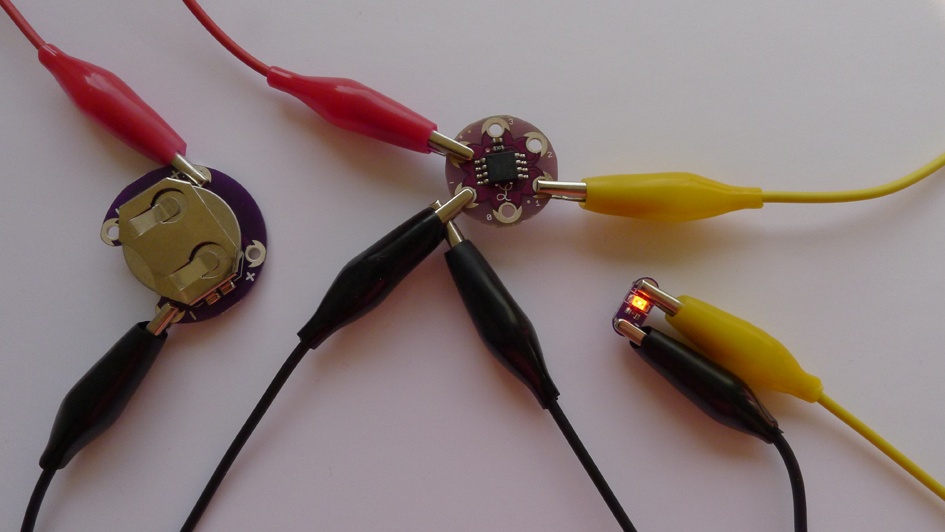 LilyTiny circuit made with alligator clips