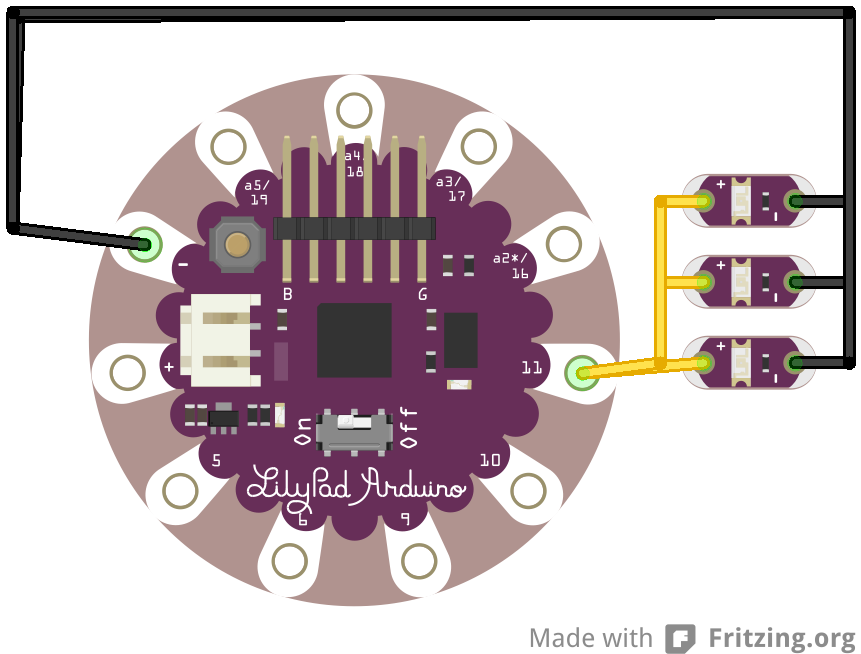 LilyPad Arduino Simple with three LilyPad LEDs in parallel controlled by pin 11