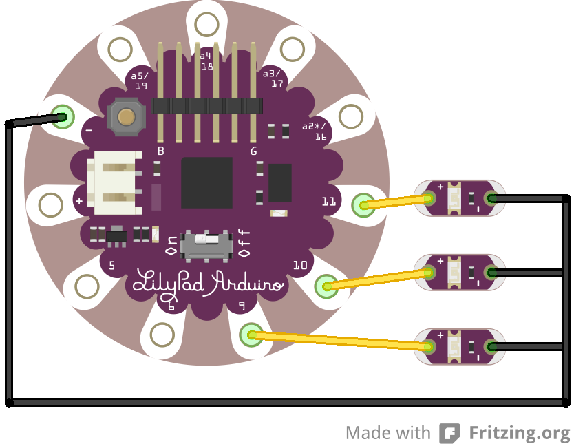 LilyPad Arduino Simple with LilyPad LEDs on pins 9, 10, 11—individually controllable