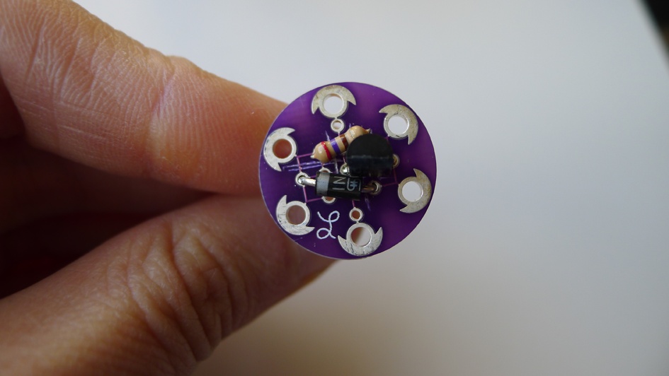 Diode with legs in holes “5” and “12”; be sure to pay attention to the orientation of the diode!